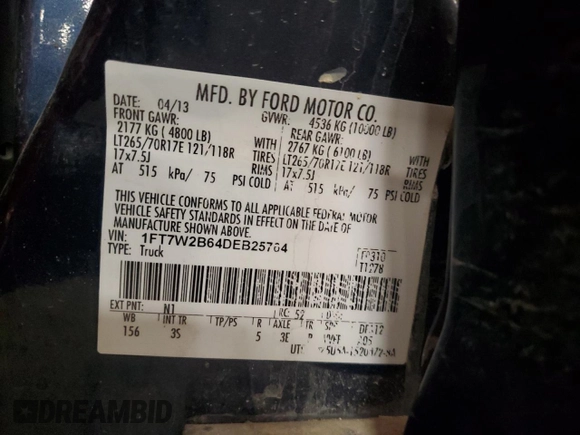2013 Ford F-250 XL with VIN 1FT7W2B64DEB25764, listed as a Copart auction lot 60490365 with 240,846 mi miles and Salvage title. Bid and sale history available at DreamBid. Image 12.
