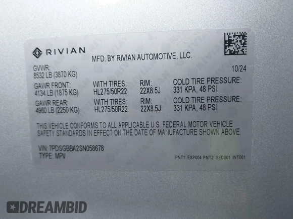 2025 Rivian R1S Adventure z VIN 7PDSGBBA2SN058678, wystawiony jako IAAI lot #41429201 z przebiegiem 2 322 mil mil oraz . Historia ofert i sprzedaży dostępna na DreamBid. Obrazek 9.
