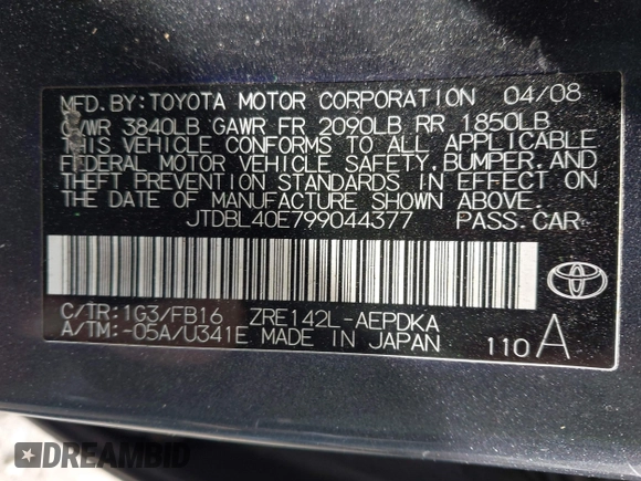 2009 Toyota Corolla with VIN JTDBL40E799044377, listed as a IAAI auction lot 41946596 with 1 mi miles. Bid and sale history available at carsss.com. Image 9.