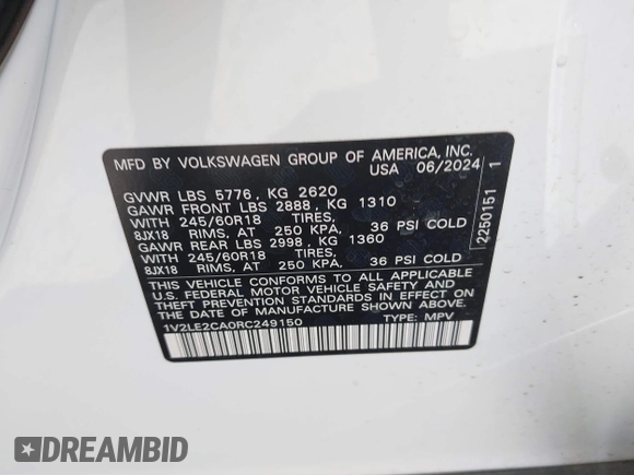 2024 Volkswagen Atlas SE with VIN 1V2LE2CA0RC249150, listed as a IAAI auction lot 41969218 with 7,291 mi miles and . Bid and sale history available at DreamBid. Image 9.