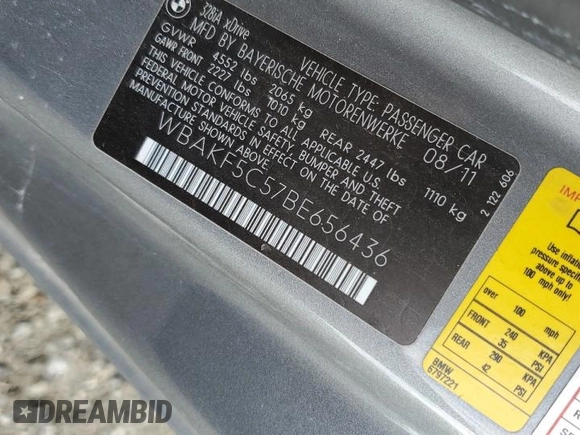 2011 BMW 3 Series 328i xDrive with VIN WBAKF5C57BE656436, listed as a Copart auction lot 53773085 with 122,920 mi miles and Salvage title. Bid and sale history available at DreamBid. Image 12.