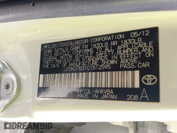 2012 Toyota Prius One with VIN JTDKDTB31C1512595, listed as a IAAI auction lot 42652617 with Not provided miles and . Bid and sale history available at DreamBid. Image 9.