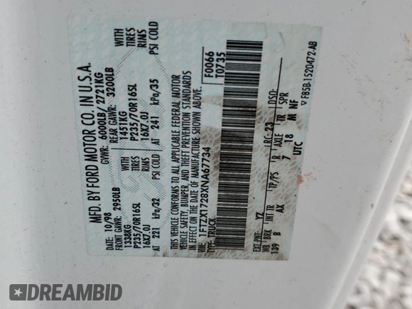1999 Ford F-150 with VIN 1FTZX1728XNA67734, listed as a Copart auction lot 61195845 with Not provided miles and Salvage title. Bid and sale history available at DreamBid. Image 12.