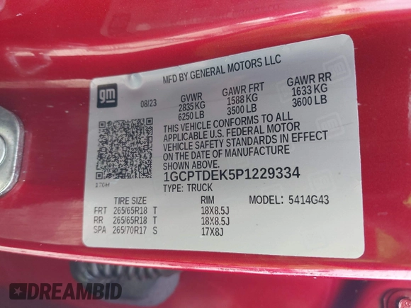 2023 Chevrolet Colorado 4WD Z71 z VIN 1GCPTDEK5P1229334, wystawiony jako IAAI lot #42201772 z przebiegiem Nie podano mil oraz . Historia ofert i sprzedaży dostępna na DreamBid. Obrazek 9.