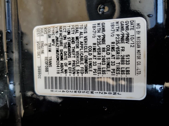 2013 Nissan Murano LE with VIN JN8AZ1MU5DW204118, listed as a Copart auction lot 52980685 with 123,730 mi miles and Salvage Title. Bid and sale history available at carsss.com. Image 14.