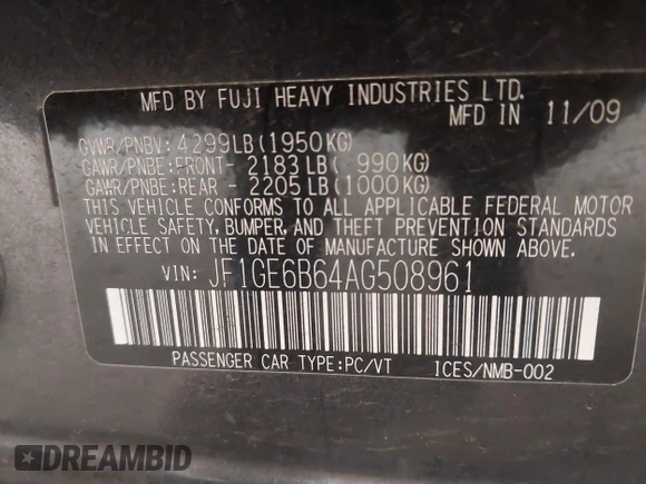 2010 Subaru Impreza Premium with VIN JF1GE6B64AG508961, listed as a IAAI auction lot 42453056 with 122,428 mi miles and . Bid and sale history available at DreamBid. Image 9.