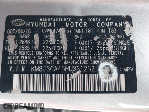 2017 Hyundai Tucson SE with VIN KM8J3CA45HU331252, listed as a IAAI auction lot 41744426 with 76,845 mi miles. Bid and sale history available at carsss.com. Image 9.