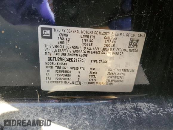 2014 GMC Sierra 1500 SLT with VIN 3GTU2VEC4EG217940, listed as a Copart auction lot 52151385 with Not Provided miles and Clean Title. Bid and sale history available at DreamBid. Image 12.
