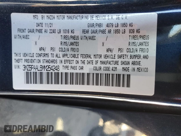 2021 Mazda 3 S with VIN 3MZBPAAL6MM254248, listed as a Copart auction lot 80658484 with 46,838 mi miles and Salvage title. Bid and sale history available at DreamBid. Image 15.