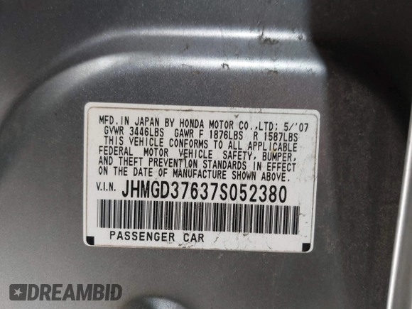 2007 Honda Fit Sport with VIN JHMGD37637S052380, listed as a IAAI auction lot 41219293 with 171,586 mi miles. Bid and sale history available at carsss.com. Image 9.
