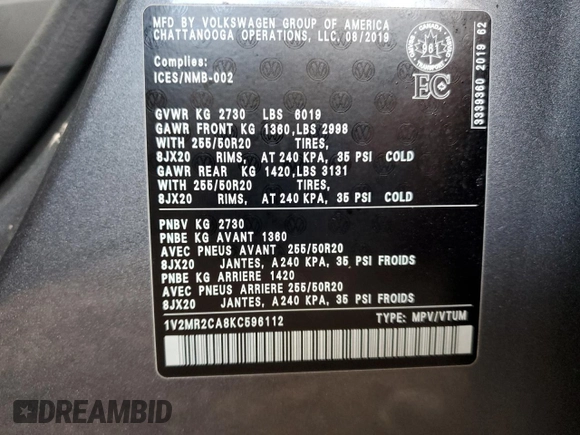 2019 Volkswagen Atlas SEL with VIN 1V2MR2CA8KC596112, listed as a Copart auction lot 49587075 with Not provided miles and Salvage title. Bid and sale history available at DreamBid. Image 13.