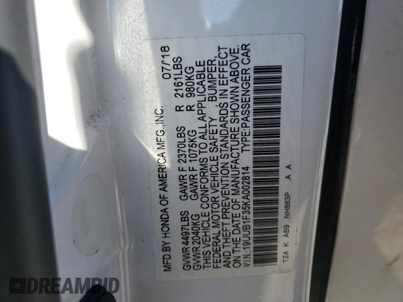 2019 Acura TLX with VIN 19UUB1F35KA002814, listed as a Copart auction lot 42057565 with 75,145 mi miles and Salvage Title. Bid and sale history available at carsss.com. Image 13.