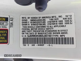 2013 Honda CR-V LX with VIN 5J6RM3H38DL007451, listed as a IAAI auction lot 41995597 with 56,084 mi miles and . Bid and sale history available at DreamBid. Image 9.
