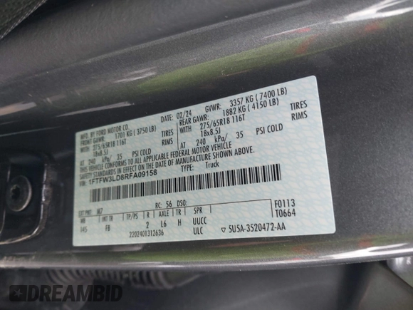 2024 Ford F-150 XLT with VIN 1FTFW3LD8RFA09158, listed as a IAAI auction lot 41563217 with 16,774 mi miles. Bid and sale history available at carsss.com. Image 9.