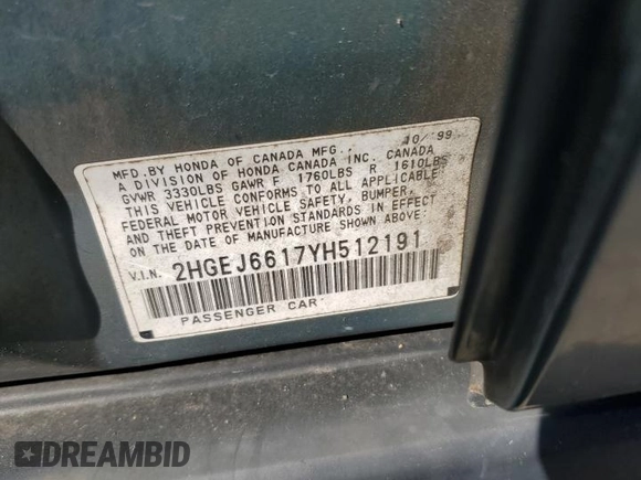 2000 Honda Civic VP z VIN 2HGEJ6617YH512191, wystawiony jako Copart lot #57139055 z przebiegiem 180 038 mil mil oraz Szkoda całkowita • Salvage title. Historia ofert i sprzedaży dostępna na DreamBid. Obrazek 13.
