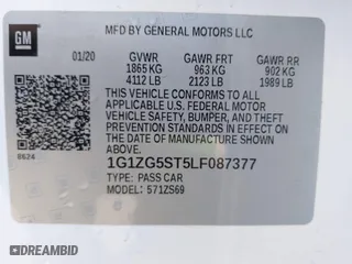 2020 Chevrolet Malibu RS with VIN 1G1ZG5ST5LF087377, listed as a IAAI auction lot 41424045 with 55,513 mi miles. Bid and sale history available at carsss.com. Image 9.