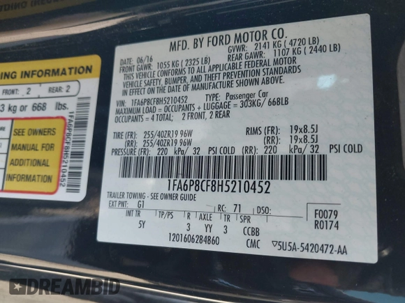 2017 Ford Mustang GT with VIN 1FA6P8CF8H5210452, listed as a IAAI auction lot 42043563 with 77,068 mi miles and . Bid and sale history available at DreamBid. Image 9.
