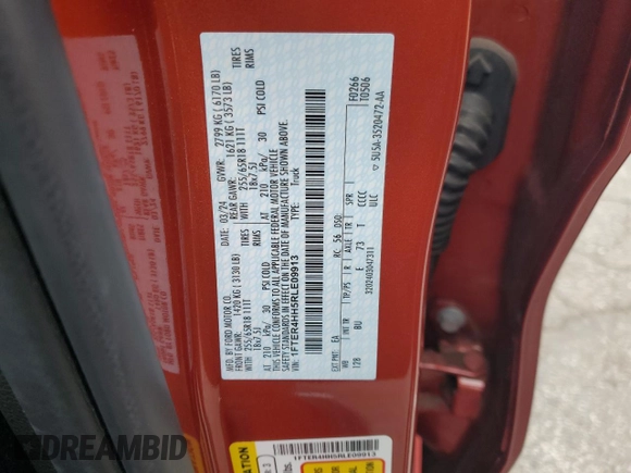 2024 Ford Ranger XLT with VIN 1FTER4HH5RLE09913, listed as a Copart auction lot 54896735 with 22,918 mi miles and Salvage title. Bid and sale history available at DreamBid. Image 12.