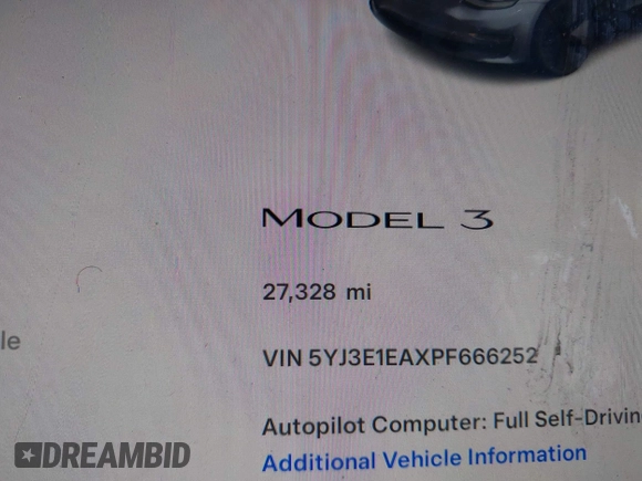2023 Tesla Model 3 with VIN 5YJ3E1EAXPF666252, listed as a IAAI auction lot 42009929 with 27,328 mi miles and . Bid and sale history available at DreamBid. Image 16.