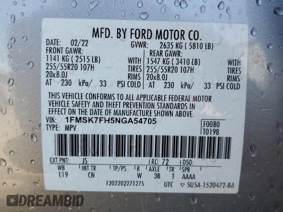 2022 Ford Explorer Limited with VIN 1FMSK7FH5NGA54705, listed as a Copart auction lot 52293335 with 58,140 mi miles and Salvage Title. Bid and sale history available at carsss.com. Image 13.