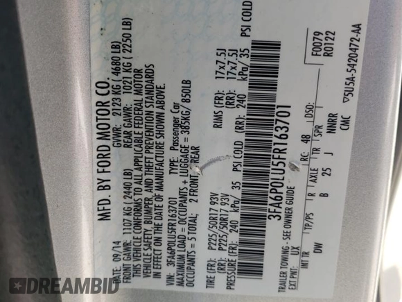 2015 Ford Fusion SE Hybrid with VIN 3FA6P0LU5FR163701, listed as a Copart auction lot 48150095 with 151,570 mi miles and Salvage Title. Bid and sale history available at carsss.com. Image 13.