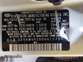 2013 Kia Sorento SX z VIN 5XYKW4A26DG415757, wystawiony jako IAAI lot #42205927 z przebiegiem 155 322 mil mil oraz . Historia ofert i sprzedaży dostępna na DreamBid. Obrazek 9.