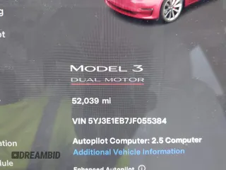 2018 Tesla Model 3 Long Range Battery with VIN 5YJ3E1EB7JF055384, listed as a IAAI auction lot 41924325 with 52,039 mi miles and . Bid and sale history available at DreamBid. Image 14.