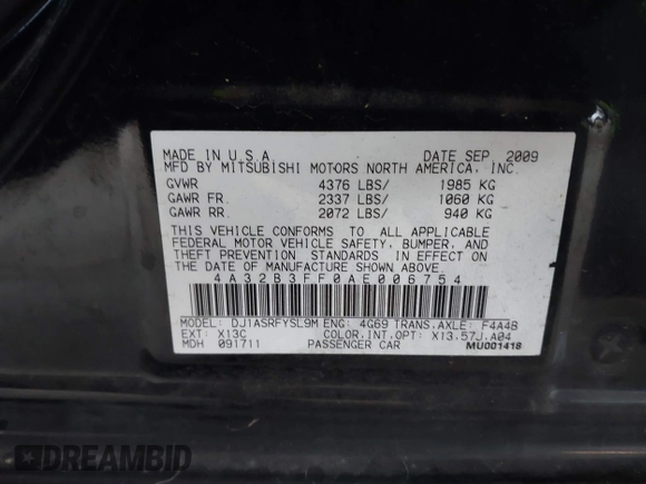 2010 Mitsubishi Galant ES with VIN 4A32B3FF0AE006754, listed as a IAAI auction lot 41265041 with 151,091 mi miles. Bid and sale history available at carsss.com. Image 9.