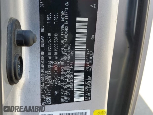 2015 Toyota Sienna Limited with VIN 5TDDK3DC9FS101481, listed as a Copart auction lot 67058725 with 112,723 mi miles and Salvage title. Bid and sale history available at DreamBid. Image 13.