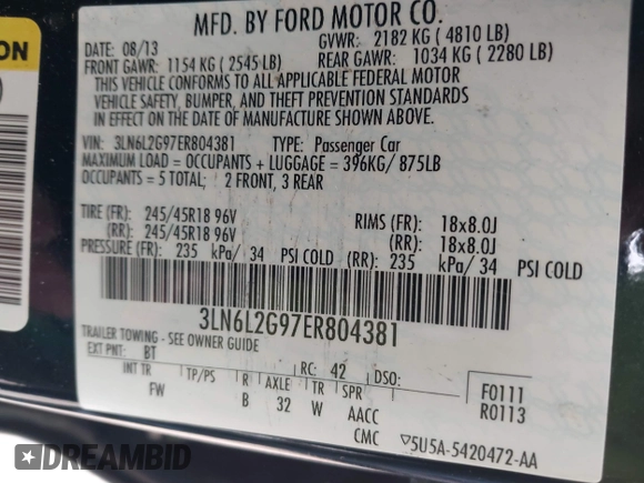 2014 Lincoln MKZ with VIN 3LN6L2G97ER804381, listed as a IAAI auction lot 42277543 with 120,907 mi miles and . Bid and sale history available at DreamBid. Image 9.
