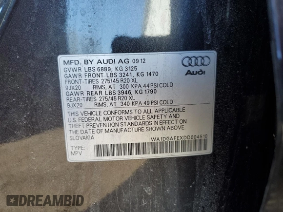 2013 Audi Q7 3.0T S line Prestige with VIN WA1DGAFEXDD004510, listed as a Copart auction lot 52490045 with 192,300 mi miles and Clean Title. Bid and sale history available at carsss.com. Image 16.