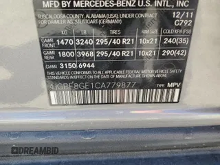 2012 Mercedes-Benz GL-Class GL 550 with VIN 4JGBF8GE1CA779877, listed as a Copart auction lot 66185824 with 108,949 mi miles and Salvage Title. Bid and sale history available at carsss.com. Image 14.