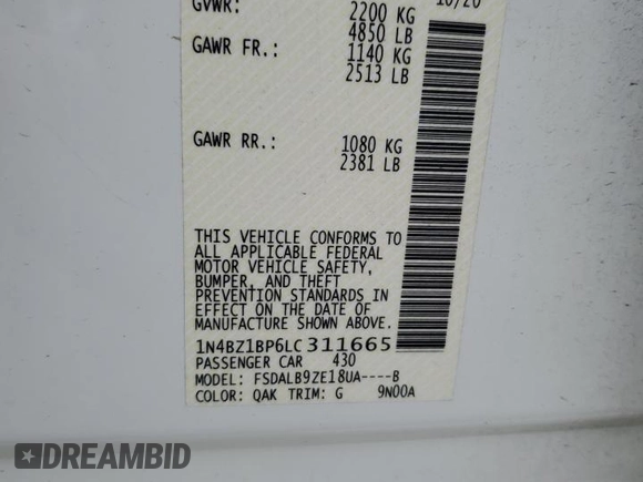 2020 Nissan LEAF with VIN 1N4BZ1BP6LC311665, listed as a Copart auction lot 79530784 with 15,170 mi miles and Salvage title. Bid and sale history available at DreamBid. Image 13.