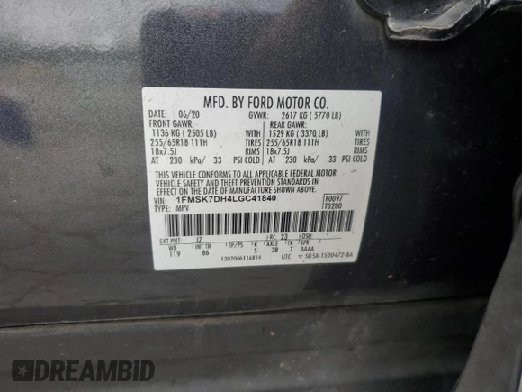 2020 Ford Explorer XLT with VIN 1FMSK7DH4LGC41840, listed as a Copart auction lot 50782385 with 77,353 mi miles and Salvage Title. Bid and sale history available at carsss.com. Image 14.