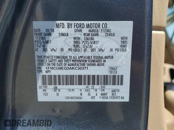 2010 Ford Escape Limited с VIN 1FMCU9EG3AKC30371, выставлен на аукционе Copart как лот 57637605 с пробегом 116 797 миль миль и Списание • Salvage title. История ставок и продаж доступна на DreamBid. Изображение 13.