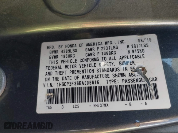 2011 Honda Accord LX with VIN 1HGCP2F36BA006616, listed as a IAAI auction lot 42587694 with 215,144 mi miles and . Bid and sale history available at DreamBid. Image 9.