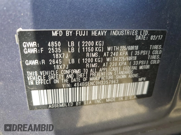 2017 Subaru Outback Limited with VIN 4S4BSENC0H3357963, listed as a Copart auction lot 54601345 with 69,455 mi miles and Salvage title. Bid and sale history available at DreamBid. Image 13.