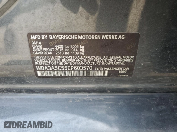 2014 BMW 3 Series 328i with VIN WBA3A5C55EP603570, listed as a Copart auction lot 52092455 with 125,249 mi miles and Salvage Title. Bid and sale history available at DreamBid. Image 14.