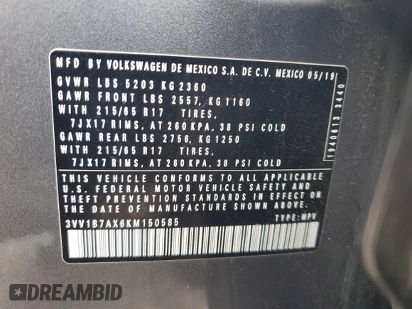 2019 Volkswagen Tiguan S с VIN 3VV1B7AX6KM150585, выставлен на аукционе Copart как лот 59915475 с пробегом 89 729 миль миль и Списание • Salvage title. История ставок и продаж доступна на DreamBid. Изображение 13.