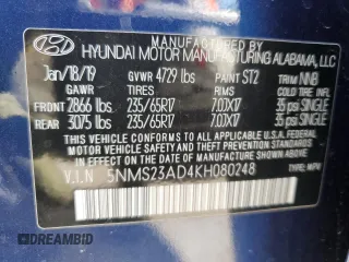 2019 Hyundai Santa Fe SE with VIN 5NMS23AD4KH080248, listed as a Copart auction lot 50587115 with 62,265 mi miles and Salvage Title. Bid and sale history available at carsss.com. Image 15.