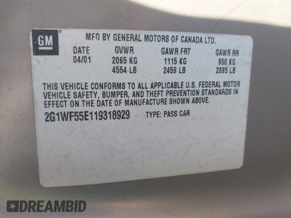 2001 Chevrolet Impala with VIN 2G1WF55E119318929, listed as a IAAI auction lot 41241916 with 149,040 mi miles and . Bid and sale history available at DreamBid. Image 9.