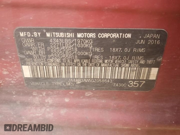 2016 Mitsubishi Outlander SE with VIN JA4AP3AW5GZ058643, listed as a Copart auction lot 53148925 with 160,180 mi miles and Salvage title. Bid and sale history available at DreamBid. Image 13.