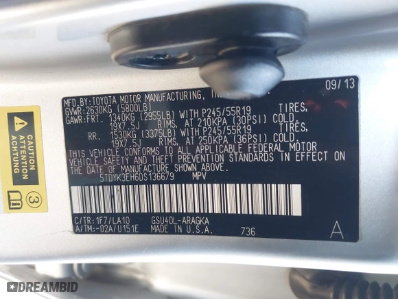2013 Toyota Highlander Limited with VIN 5TDYK3EH6DS136679, listed as a IAAI auction lot 41835155 with 390,461 mi miles. Bid and sale history available at carsss.com. Image 9.