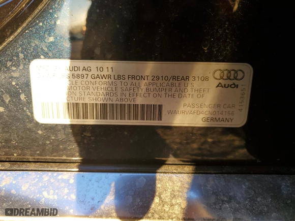 2012 Audi A8 L with VIN WAURVAFD4CN014156, listed as a Copart auction lot 89223655 with 167,788 mi miles and Salvage Title. Bid and sale history available at carsss.com. Image 14.