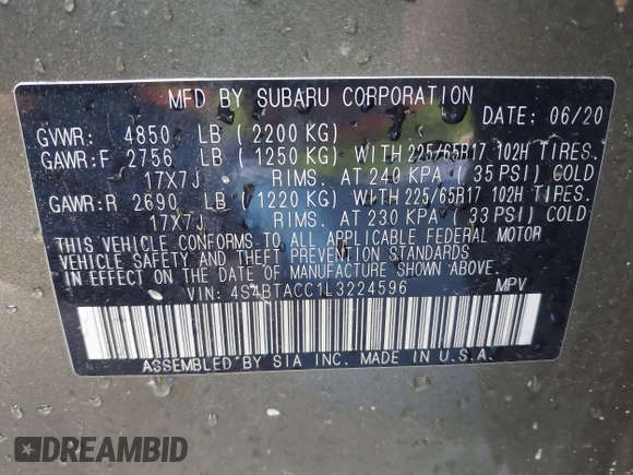 2020 Subaru Outback Premium with VIN 4S4BTACC1L3224596, listed as a IAAI auction lot 42187988 with 59,604 mi miles and . Bid and sale history available at DreamBid. Image 9.