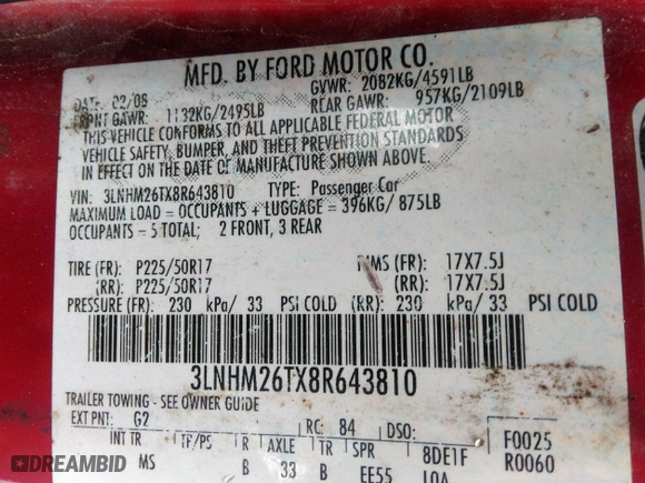 2008 Lincoln MKZ with VIN 3LNHM26TX8R643810, listed as a IAAI auction lot 41735436 with 155,144 mi miles. Bid and sale history available at carsss.com. Image 9.