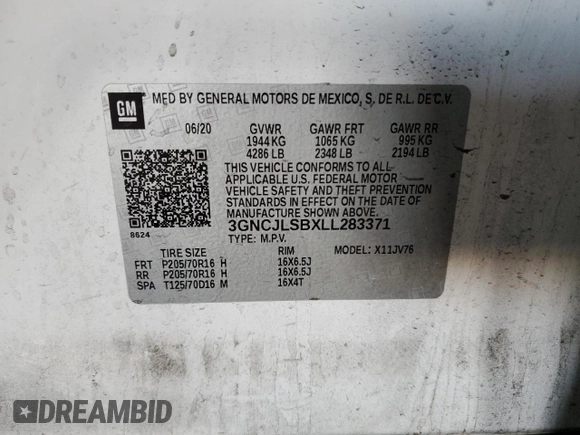 2020 Chevrolet Trax LT with VIN 3GNCJLSBXLL283371, listed as a Copart auction lot 53510385 with 87,582 mi miles and Salvage Title. Bid and sale history available at DreamBid. Image 12.