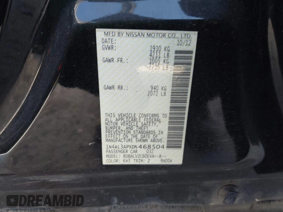 2013 Nissan Altima SV with VIN 1N4AL3APXDN468504, listed as a IAAI auction lot 42070943 with 189,106 mi miles and . Bid and sale history available at carsss.com. Image 9.