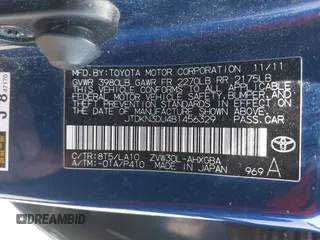 2011 Toyota Prius I with VIN JTDKN3DU4B1456329, listed as a IAAI auction lot 42059623 with 192,402 mi miles. Bid and sale history available at carsss.com. Image 9.