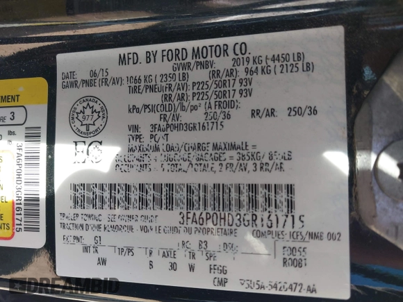 2016 Ford Fusion SE with VIN 3FA6P0HD3GR161715, listed as a IAAI auction lot 41885079 with 110,306 mi miles. Bid and sale history available at carsss.com. Image 9.